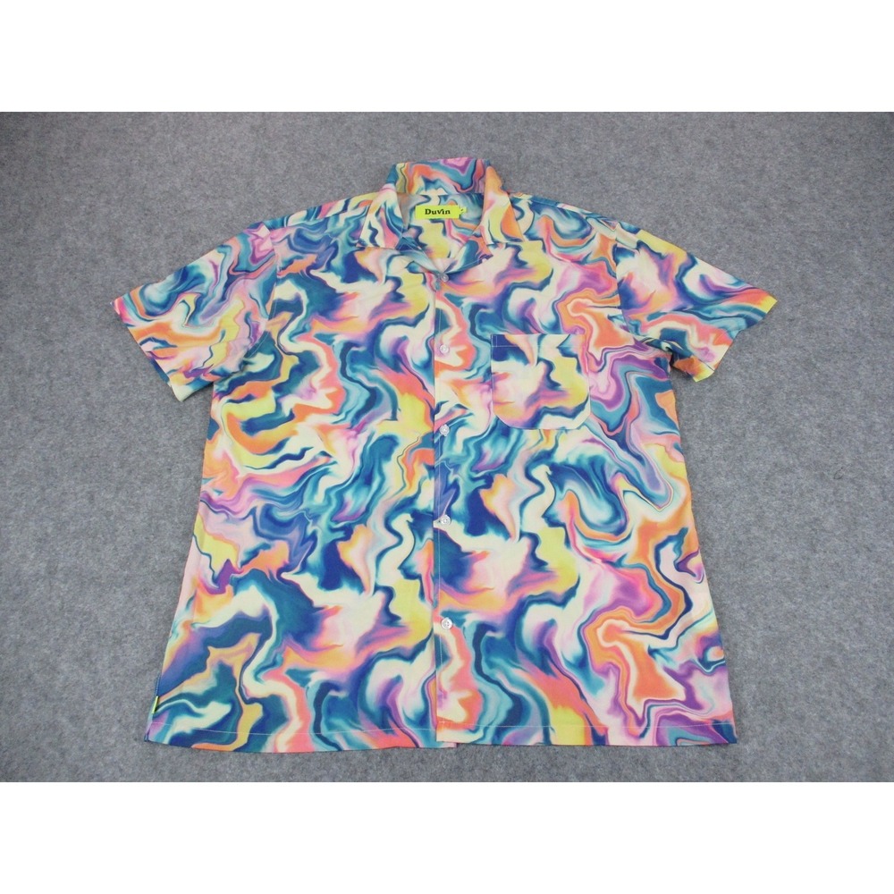 Duvin Shirt Mens Medium Pink Blue Water Color Button Up Pocket Lightweight